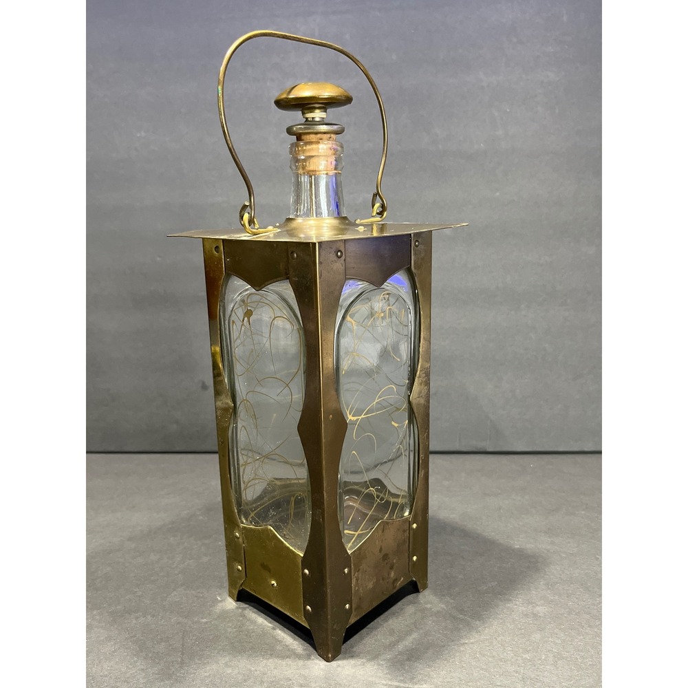 Vintage Tilso Japan Musical Lantern Decanter Brass Glass Gold Swirl Barware